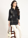 Noe Velarro Black Embroidery Cotton Fabric Satraight Top