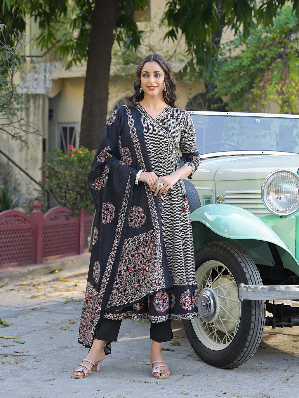 Noe Velarro Black Printed Cotton Fabric Anarkali Kurta Pant With Dupatta