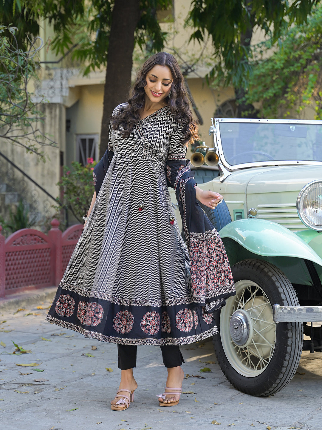 Noe Velarro Black Printed Cotton Fabric Anarkali Kurta Pant With Dupatta