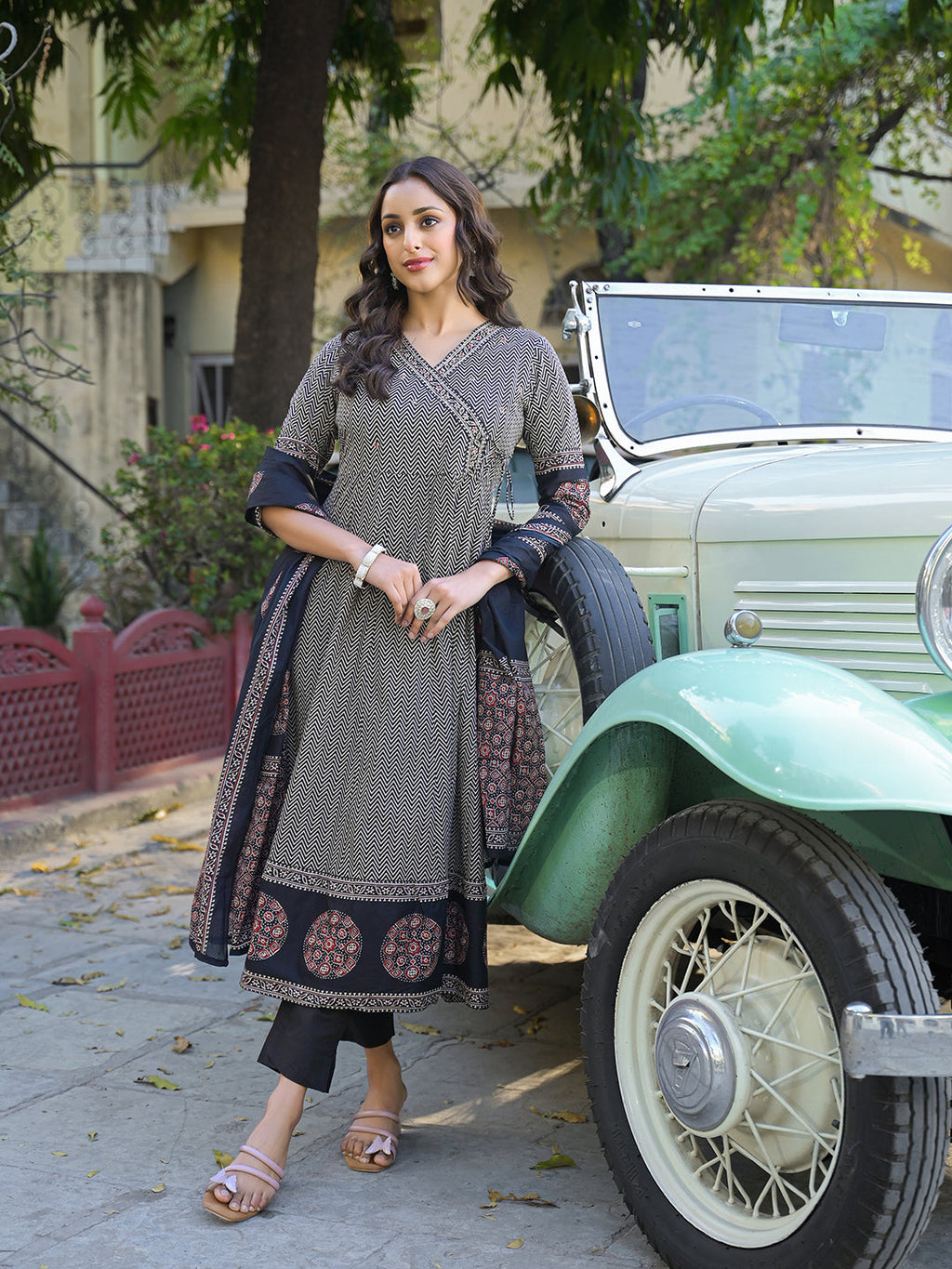 Noe Velarro Black Printed Cotton Fabric Anarkali Kurta Pant With Dupatta