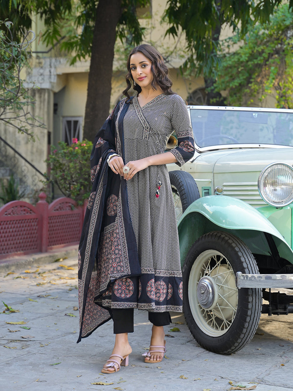 Noe Velarro Black Printed Cotton Fabric Anarkali Kurta Pant With Dupatta