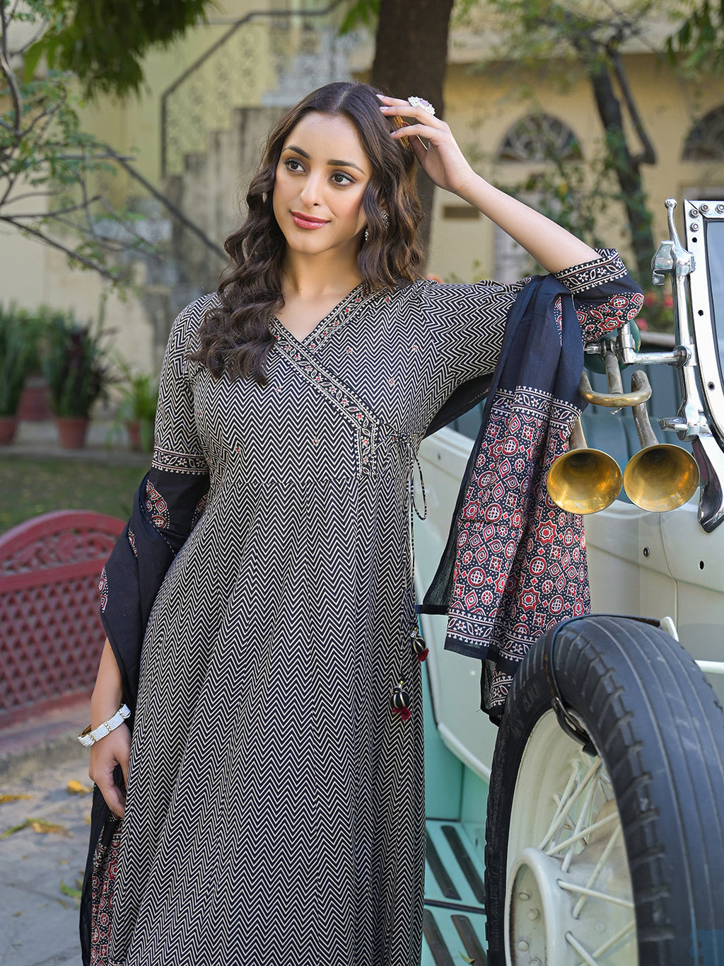 Noe Velarro Black Printed Cotton Fabric Anarkali Kurta Pant With Dupatta