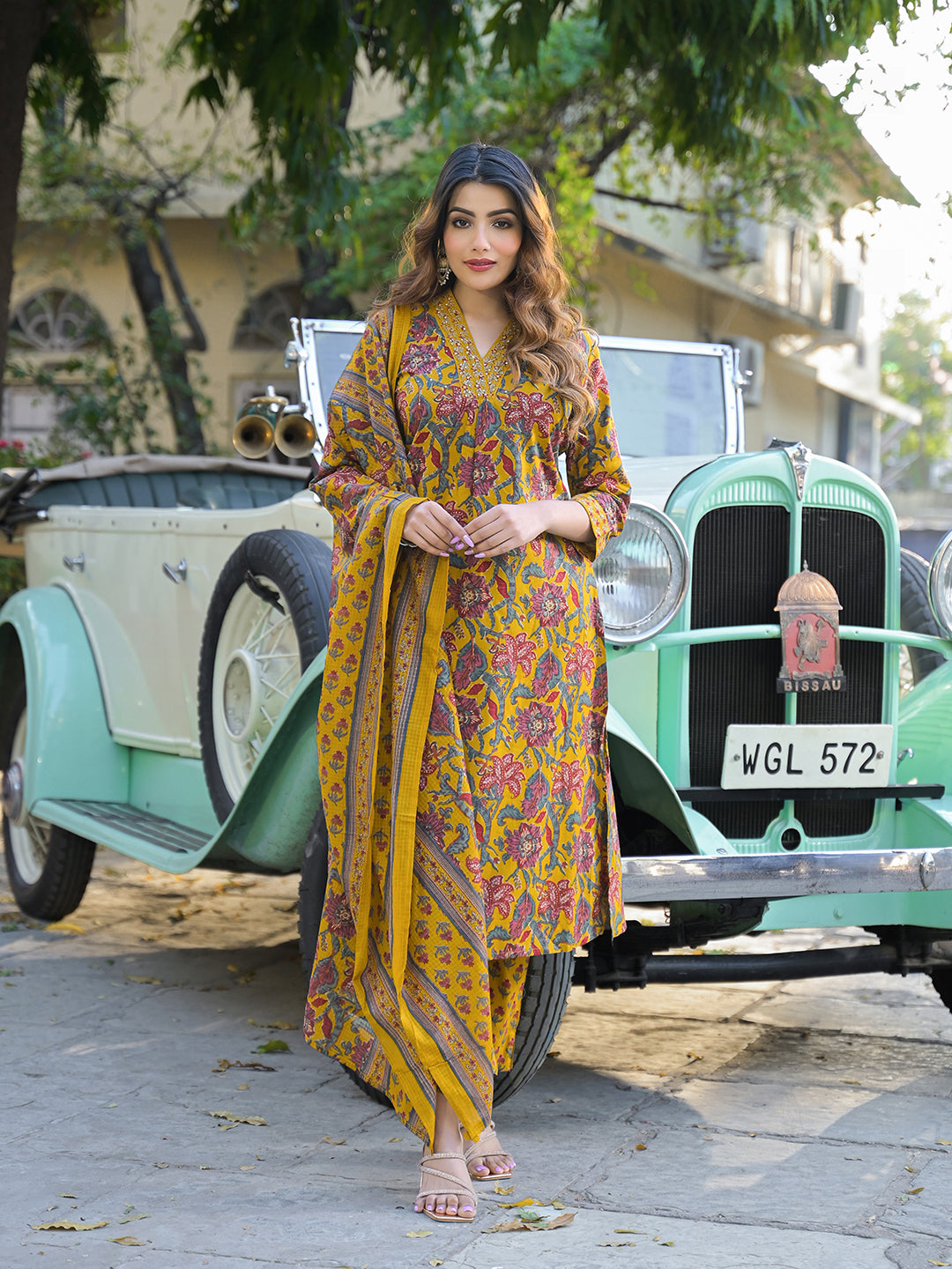 Noe Velarro Yellow Floral Print Cotton Fabric A-Line Kurta Pant With Dupatta