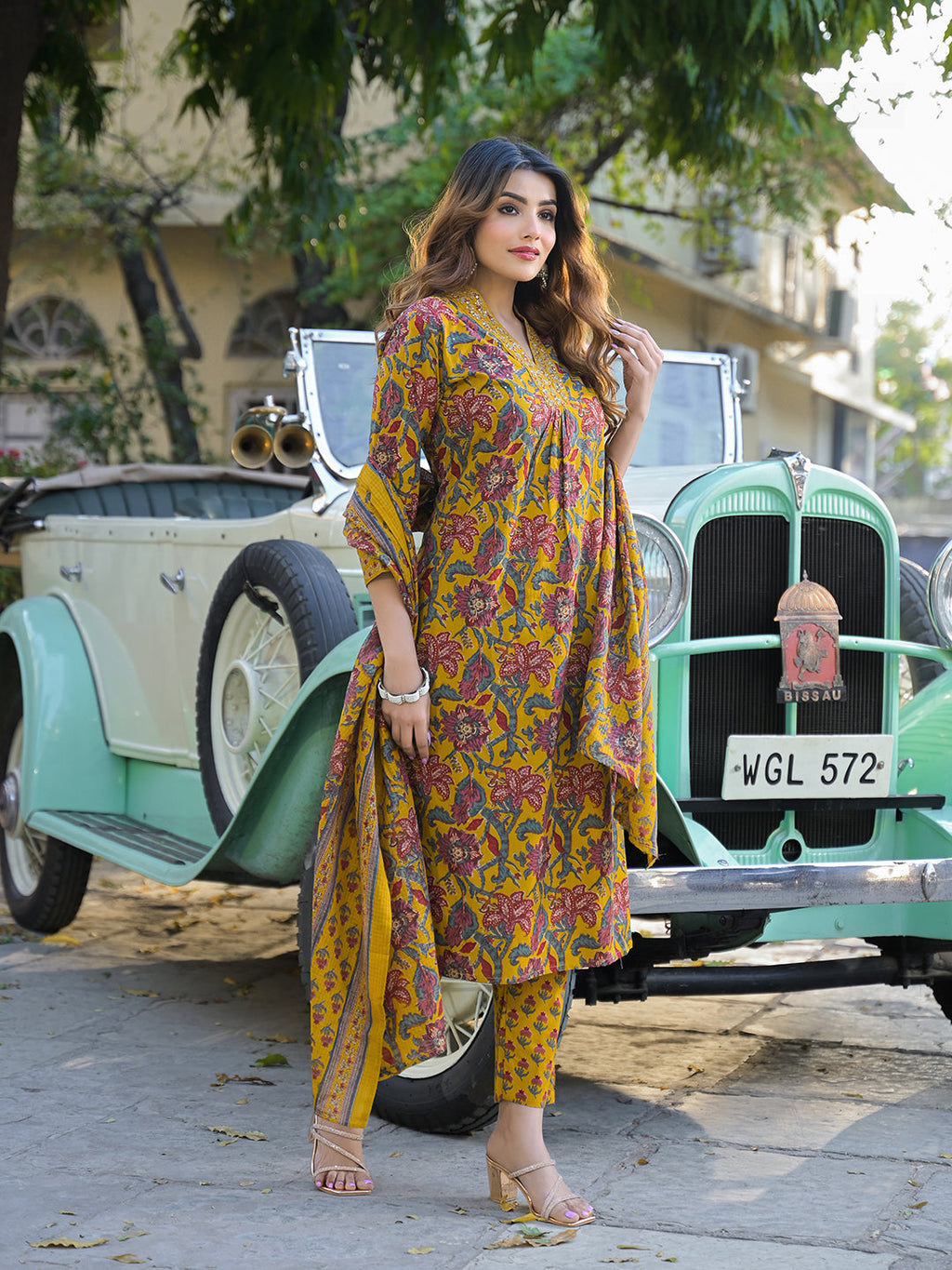 Noe Velarro Yellow Floral Print Cotton Fabric A-Line Kurta Pant With Dupatta