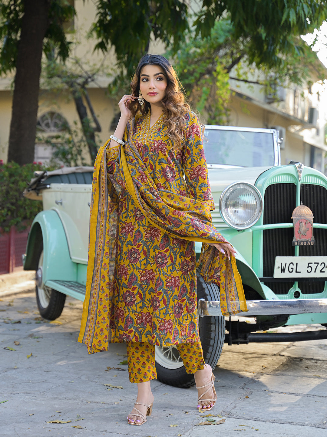 Noe Velarro Yellow Floral Print Cotton Fabric A-Line Kurta Pant With Dupatta