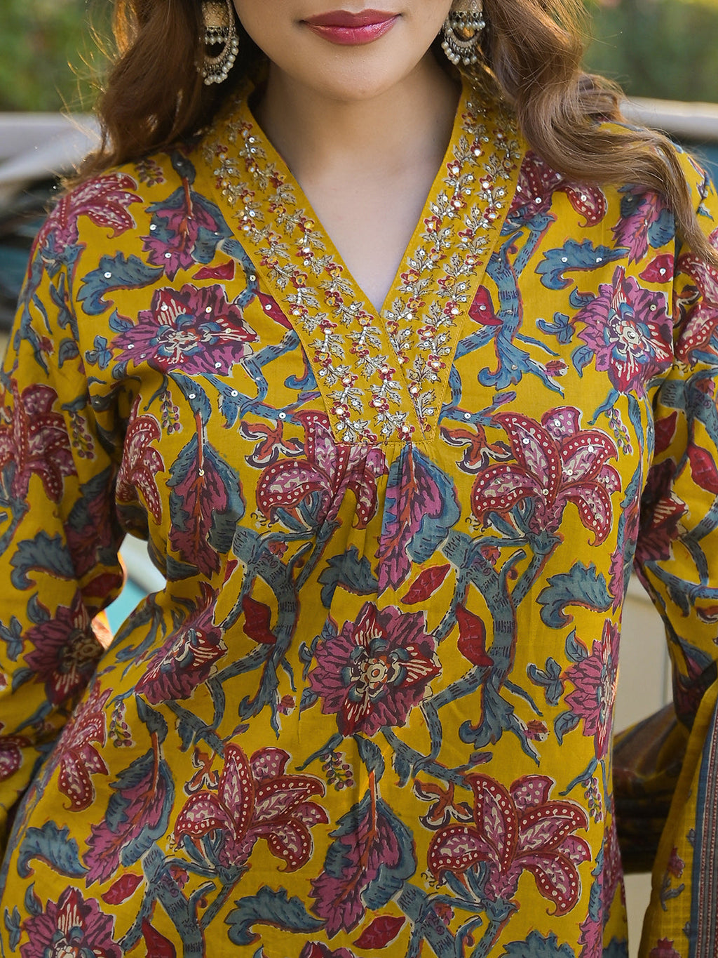 Noe Velarro Yellow Floral Print Cotton Fabric A-Line Kurta Pant With Dupatta