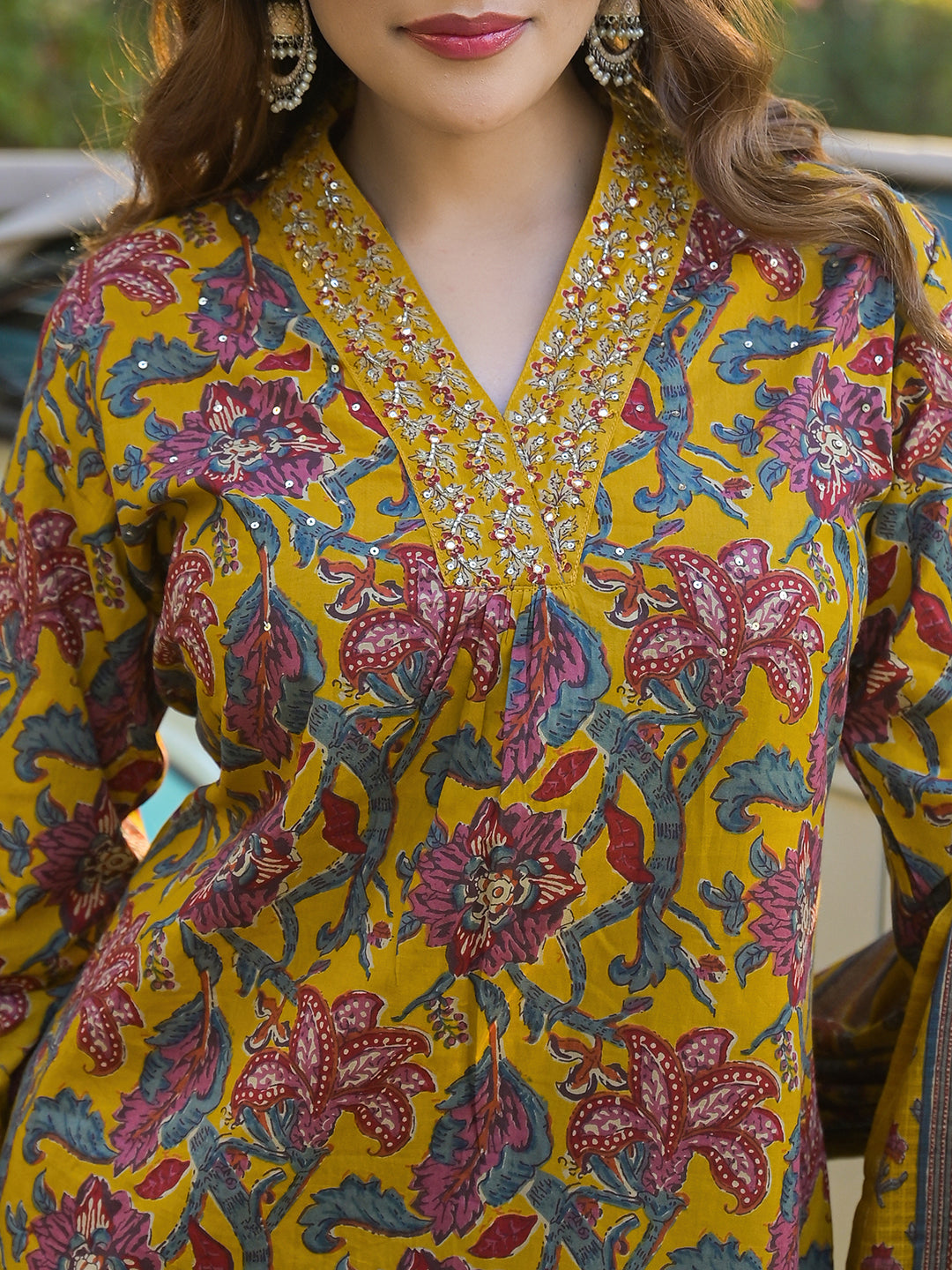 Noe Velarro Yellow Floral Print Cotton Fabric A-Line Kurta Pant With Dupatta