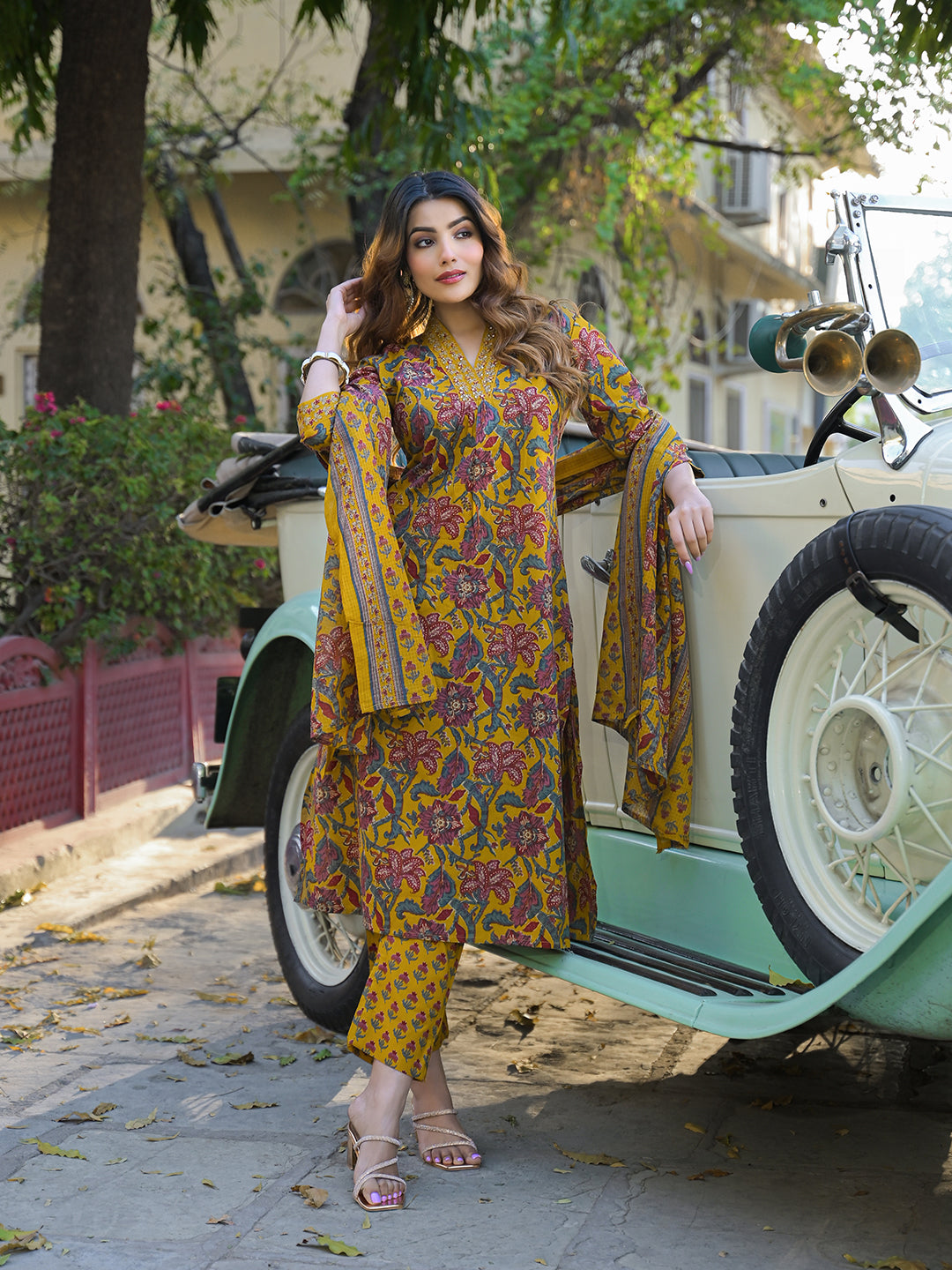 Noe Velarro Yellow Floral Print Cotton Fabric A-Line Kurta Pant With Dupatta