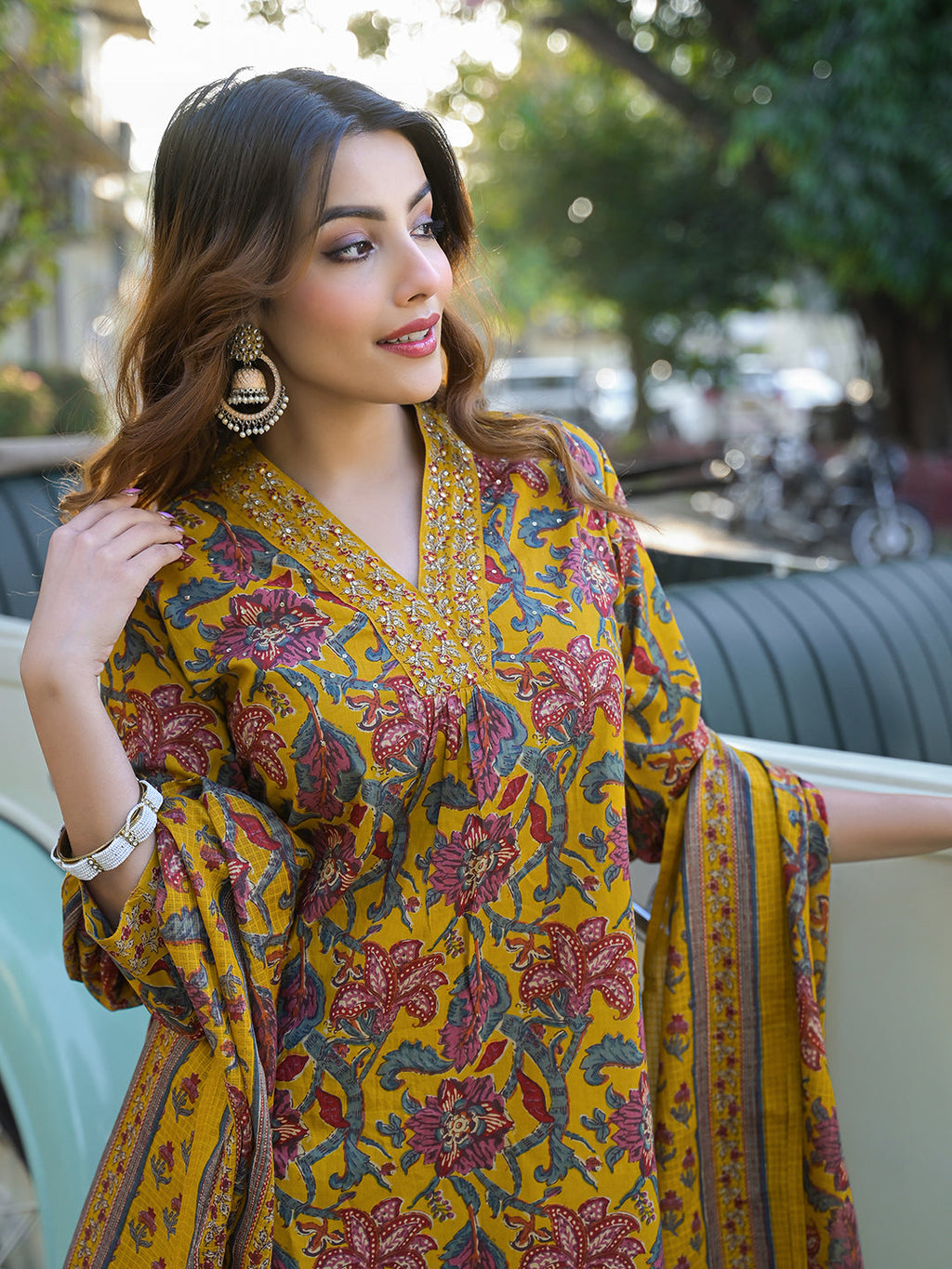 Noe Velarro Yellow Floral Print Cotton Fabric A-Line Kurta Pant With Dupatta