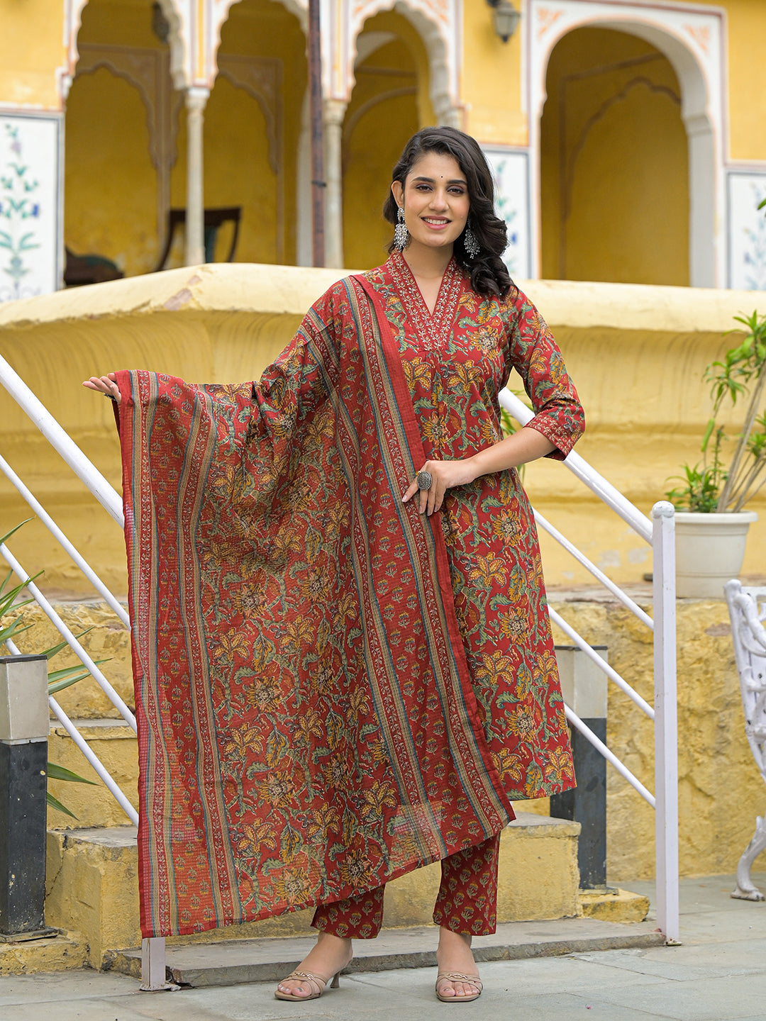 Noe Velarro Maroon Cotton V-neck Kurta Pant Set with Dupatta