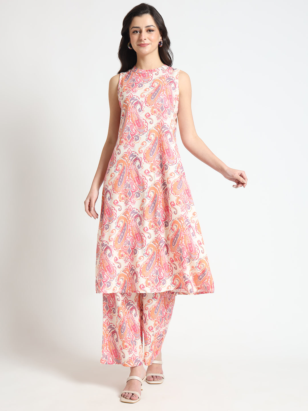 Noe Velarro Cream Floral Print Rayon Fabric Co-ord set
