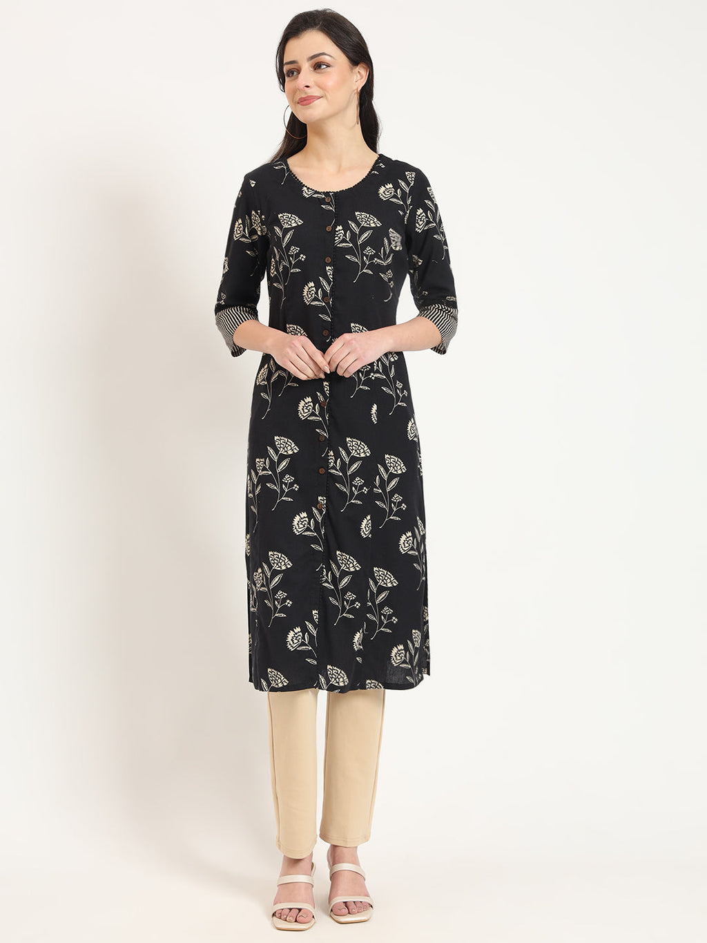 Noe Velarro Black Floral Print Cotton Fabric A-line Kurta
