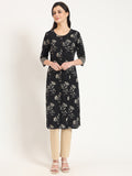 Noe Velarro Black Floral Print Cotton Fabric A-line Kurta