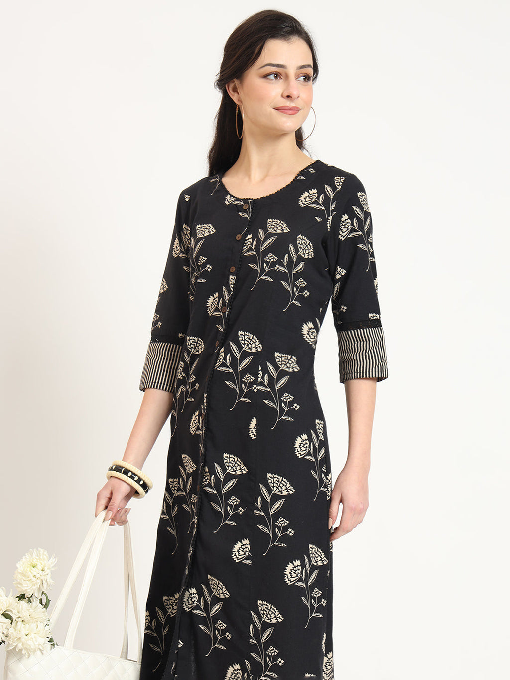 Noe Velarro Black Floral Print Cotton Fabric A-line Kurta