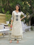 Noe Velarro Off White Solid Black Embroidery Kurta Pant Set