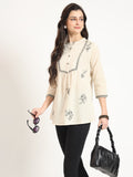 Noe Velarro Off White Cotton Round Neck Embroidery Top