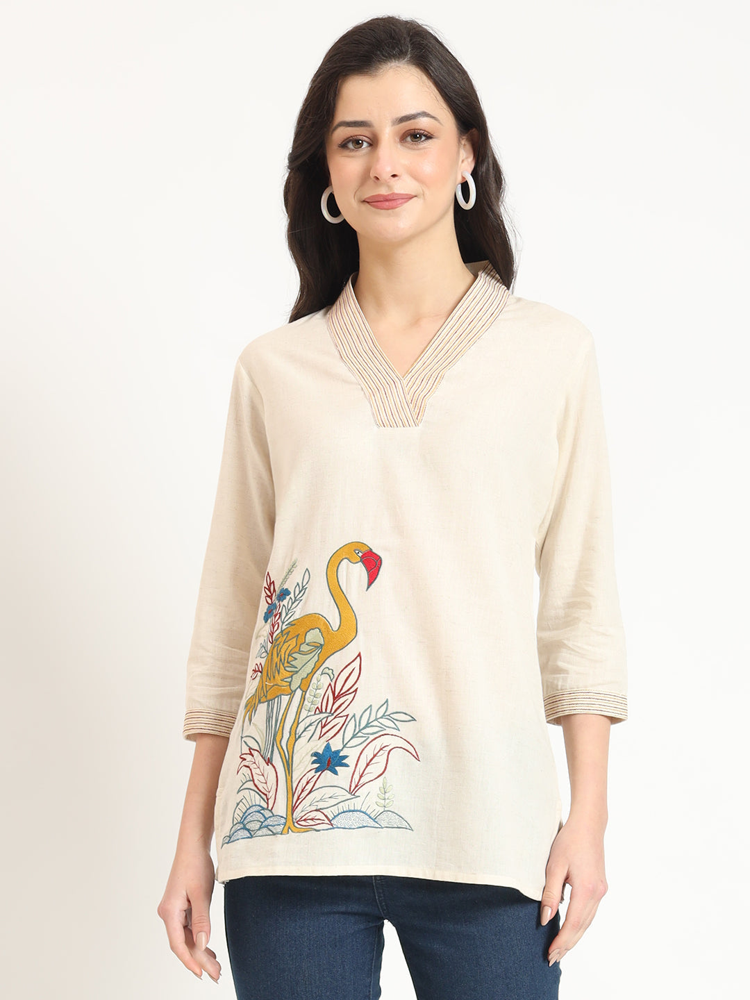 Noe Velarro Off White Cotton V-Neck Embroidery Top