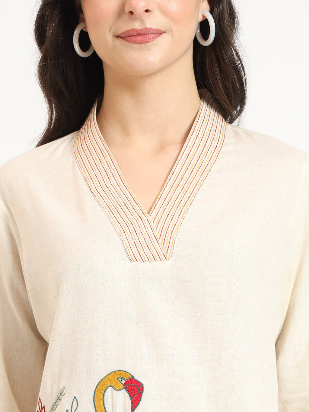 Noe Velarro Off White Cotton V-Neck Embroidery Top