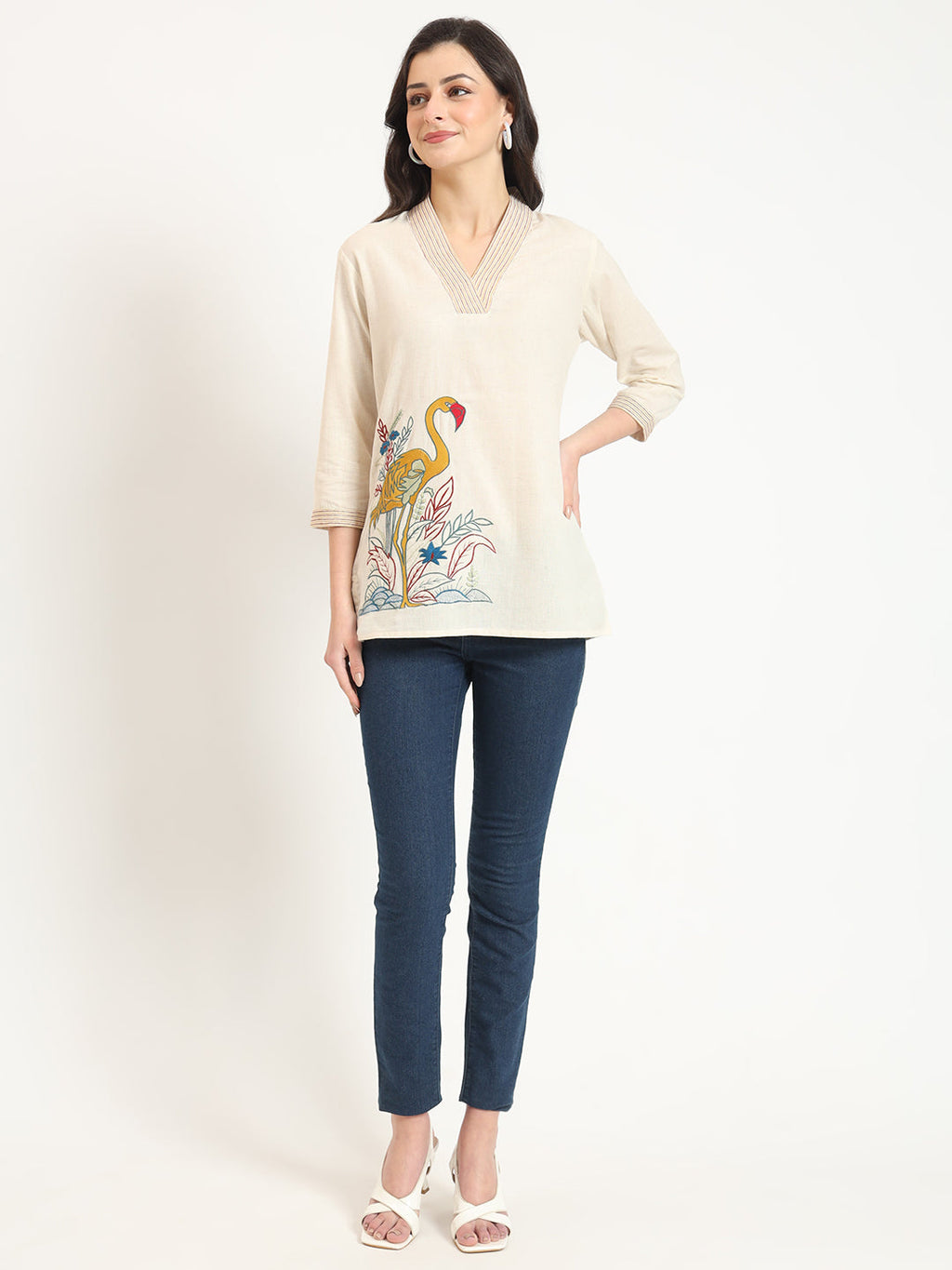 Noe Velarro Off White Cotton V-Neck Embroidery Top