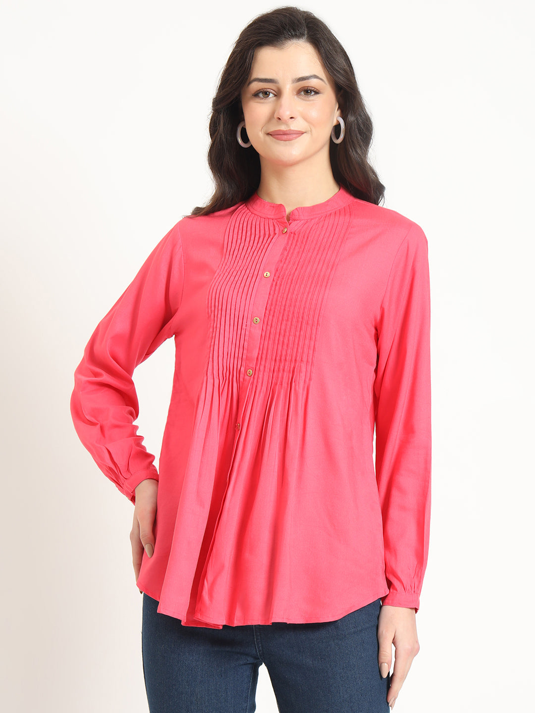 Noe Velarro Peach Solid Print Rayon Fabric Straight Top