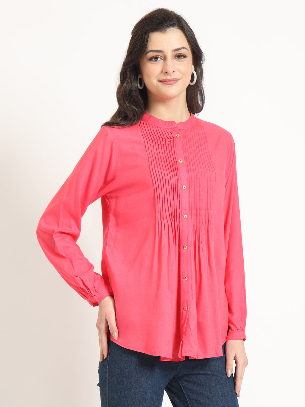 Noe Velarro Peach Solid Print Rayon Fabric Straight Top