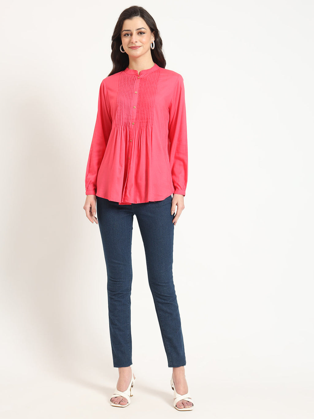 Noe Velarro Peach Solid Print Rayon Fabric Straight Top