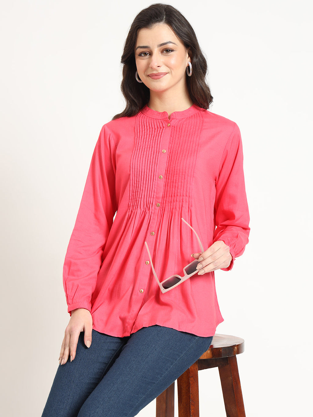 Noe Velarro Peach Solid Print Rayon Fabric Straight Top