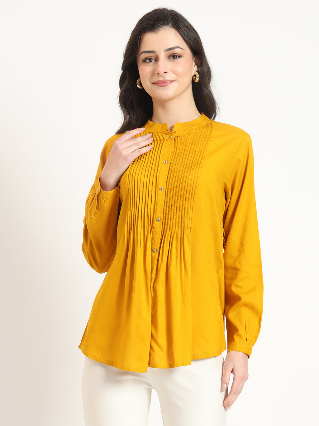 Noe Velarro Mustard Solid Print Rayon Fabric Straight Top