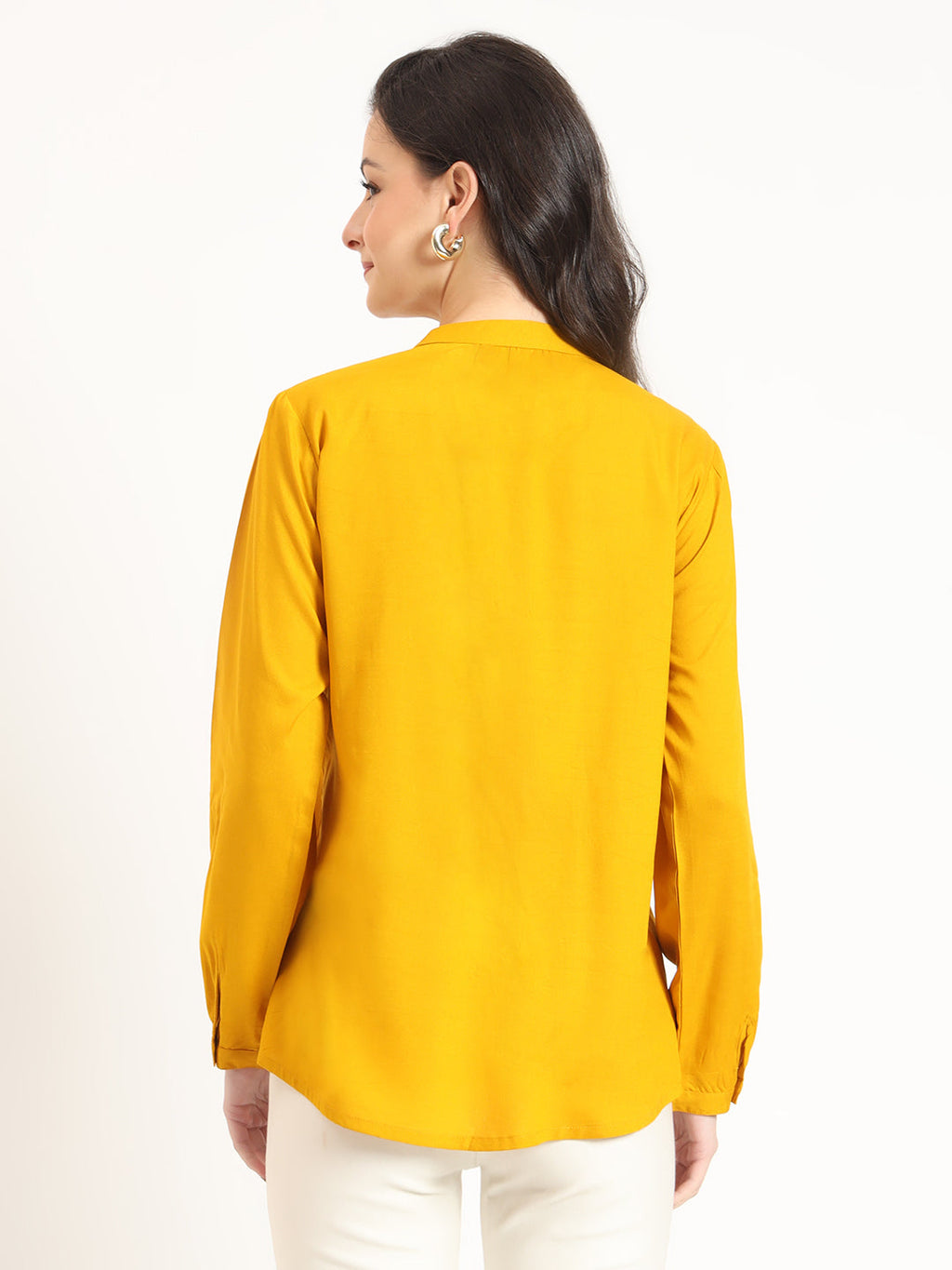 Noe Velarro Mustard Solid Print Rayon Fabric Straight Top