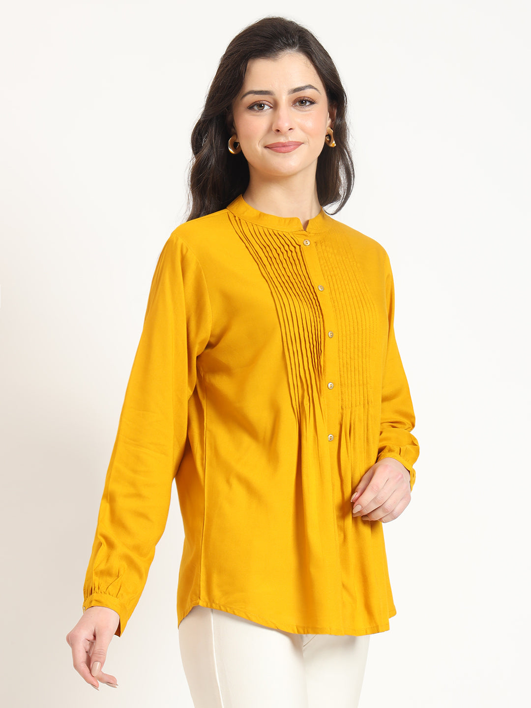 Noe Velarro Mustard Solid Print Rayon Fabric Straight Top