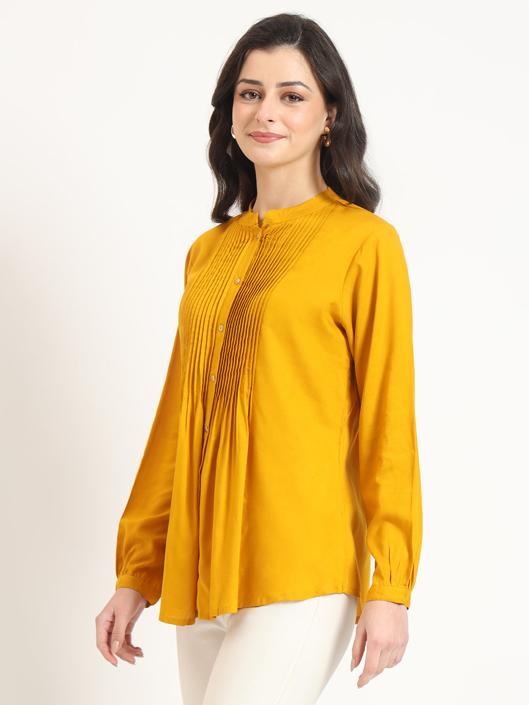 Noe Velarro Mustard Solid Print Rayon Fabric Straight Top