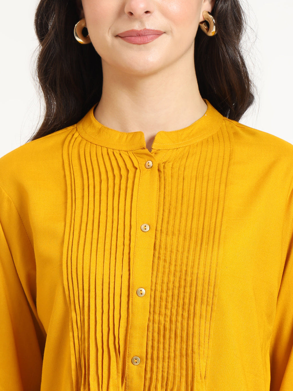 Noe Velarro Mustard Solid Print Rayon Fabric Straight Top