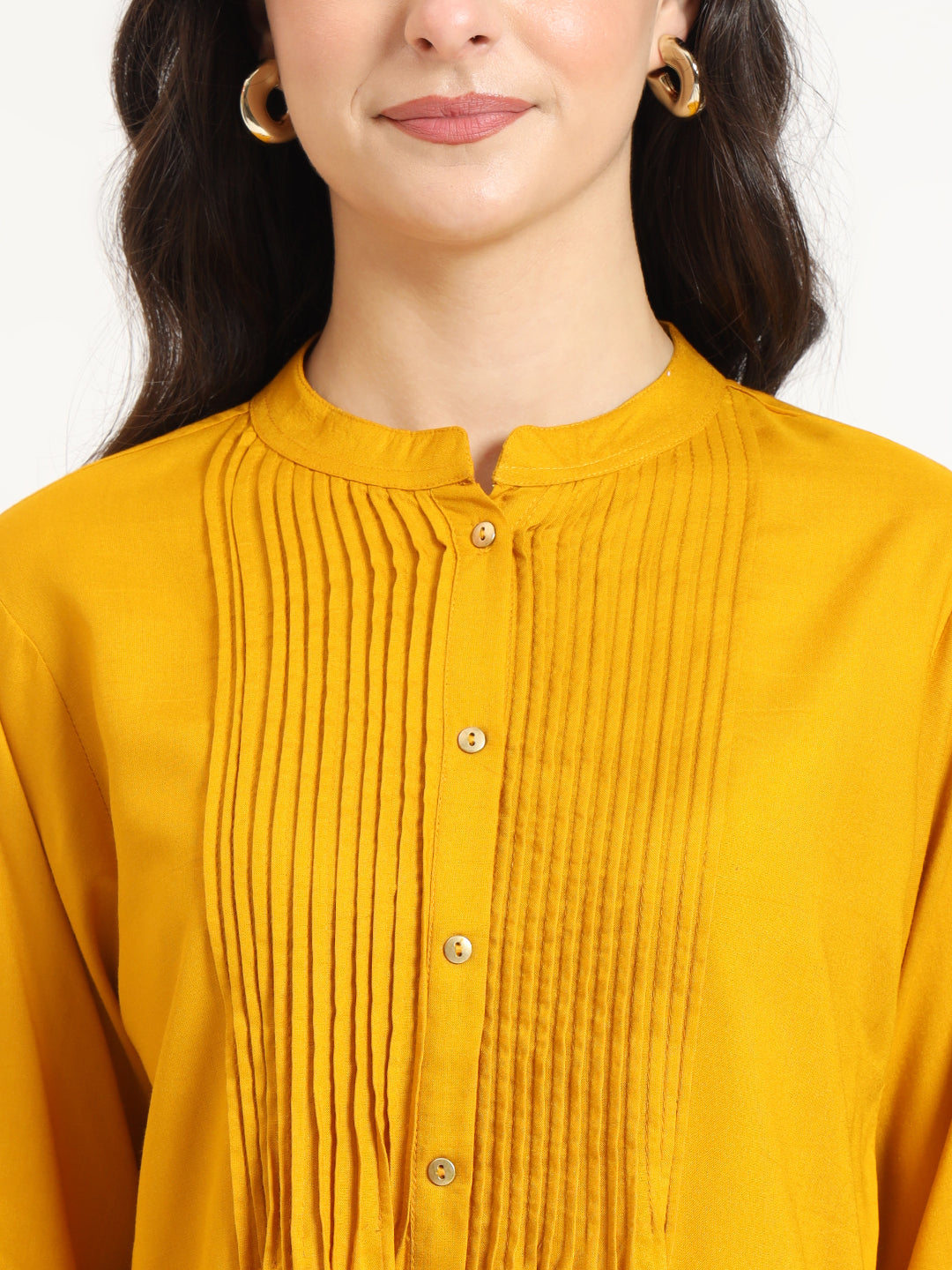 Noe Velarro Mustard Solid Print Rayon Fabric Straight Top