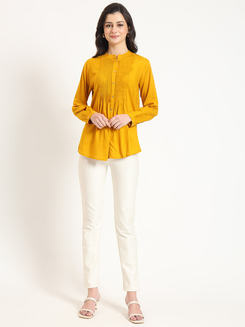 Noe Velarro Mustard Solid Print Rayon Fabric Straight Top