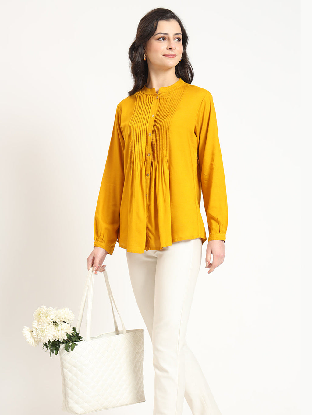 Noe Velarro Mustard Solid Print Rayon Fabric Straight Top
