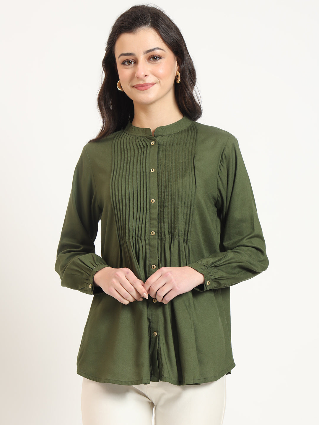 Noe Velarro Olive Solid Print Rayon Pintuck Detailing Top