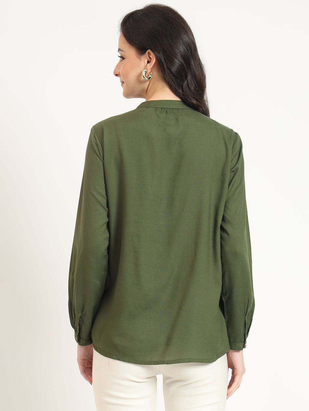 Noe Velarro Olive Solid Print Rayon Pintuck Detailing Top