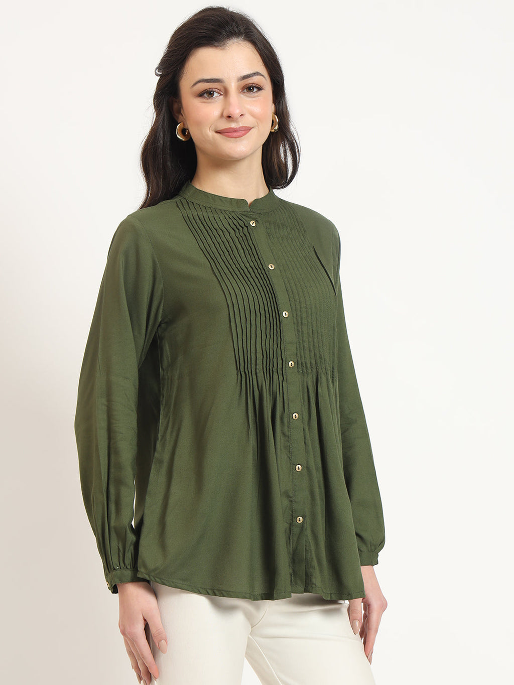 Noe Velarro Olive Solid Print Rayon Pintuck Detailing Top