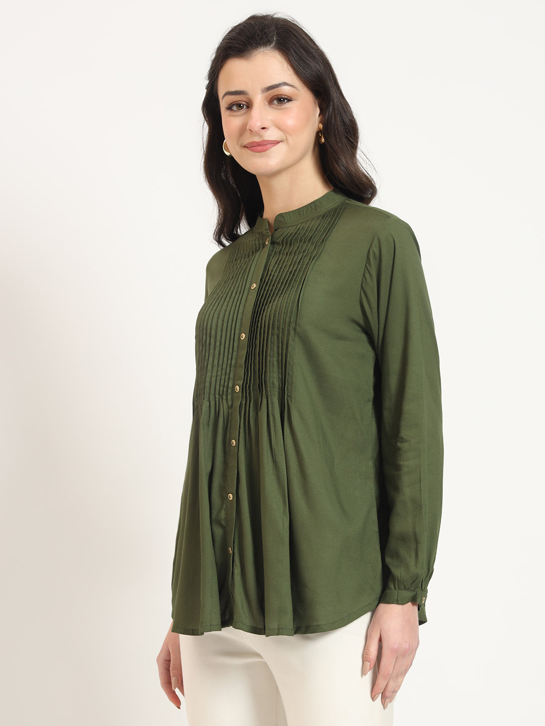 Noe Velarro Olive Solid Print Rayon Pintuck Detailing Top
