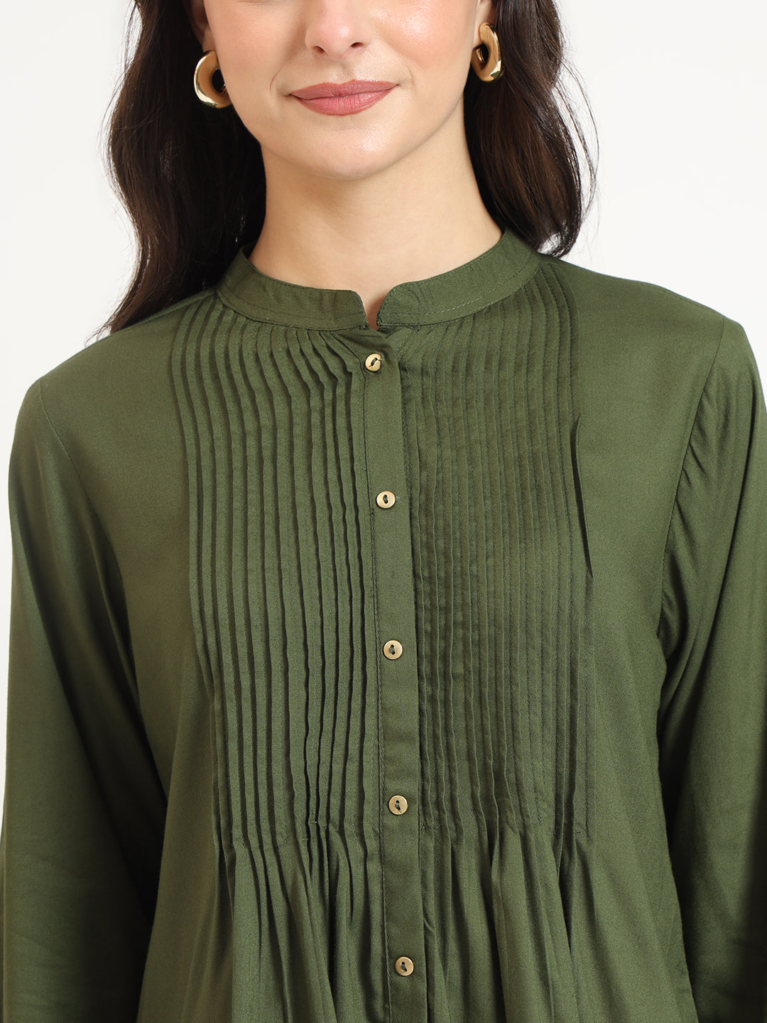 Noe Velarro Olive Solid Print Rayon Pintuck Detailing Top
