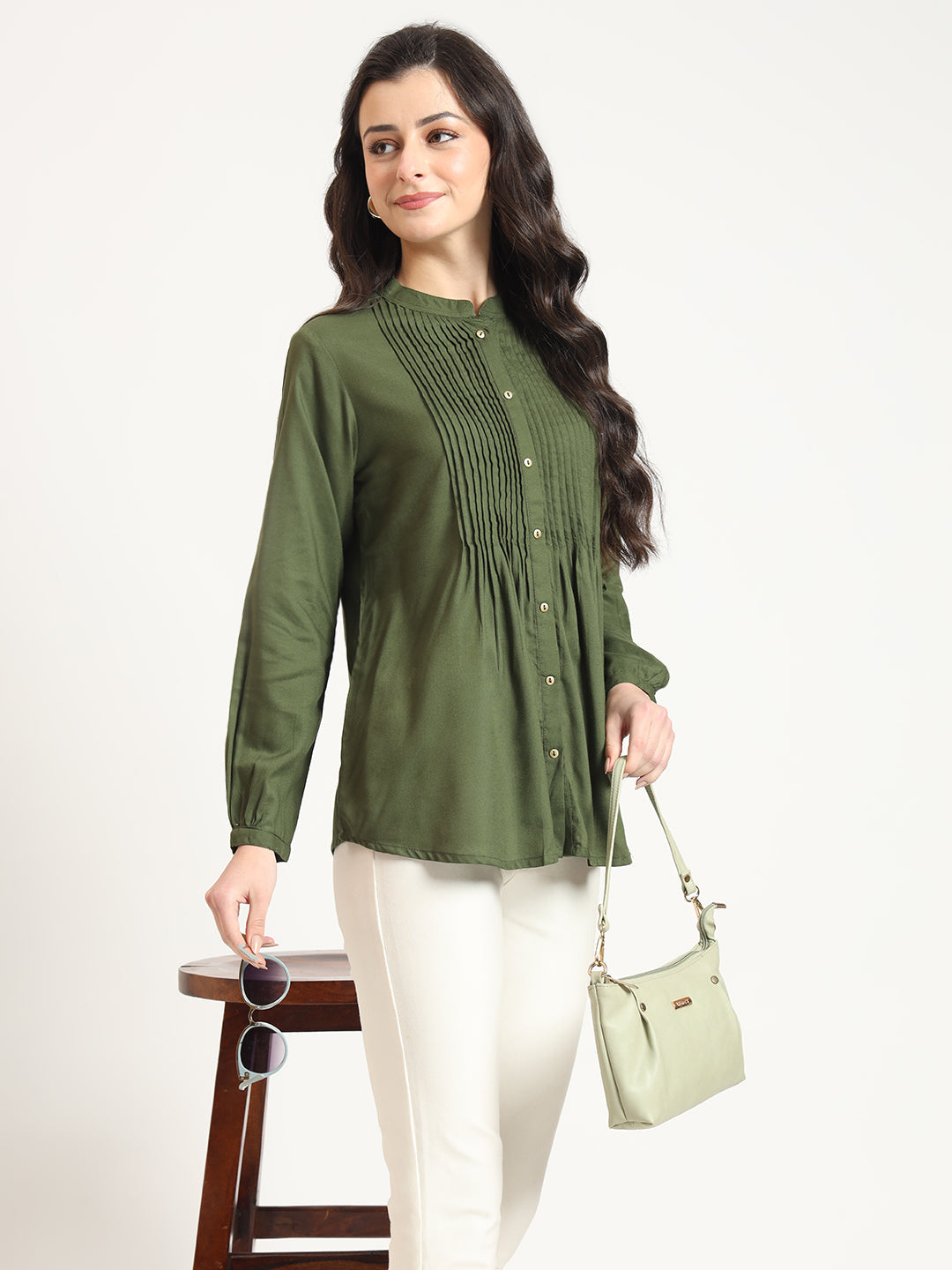 Noe Velarro Olive Solid Print Rayon Pintuck Detailing Top