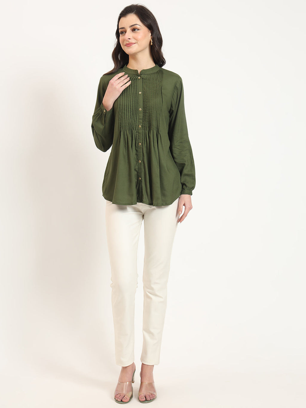 Noe Velarro Olive Solid Print Rayon Pintuck Detailing Top