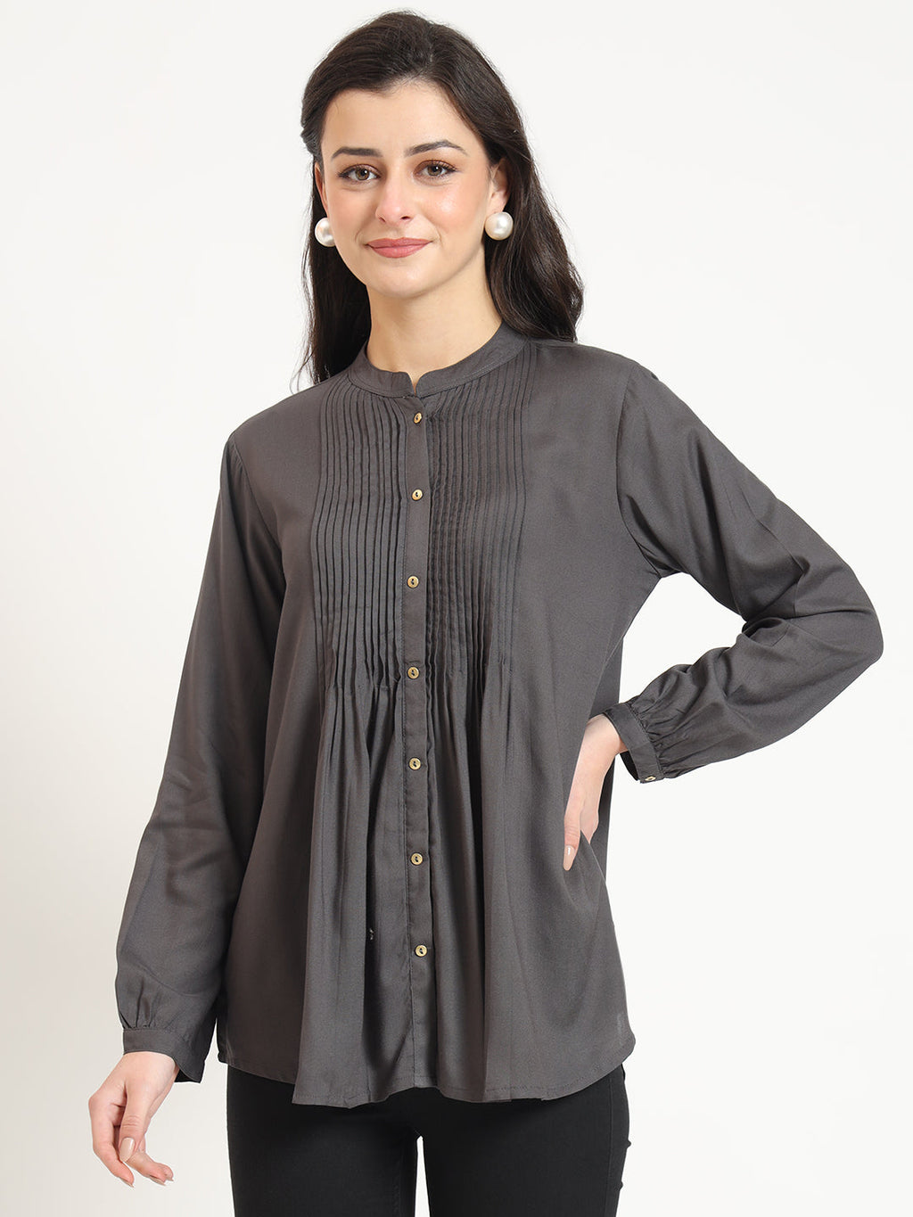 Noe Velarro Grey Solid Print Rayon Fabric Straight Top