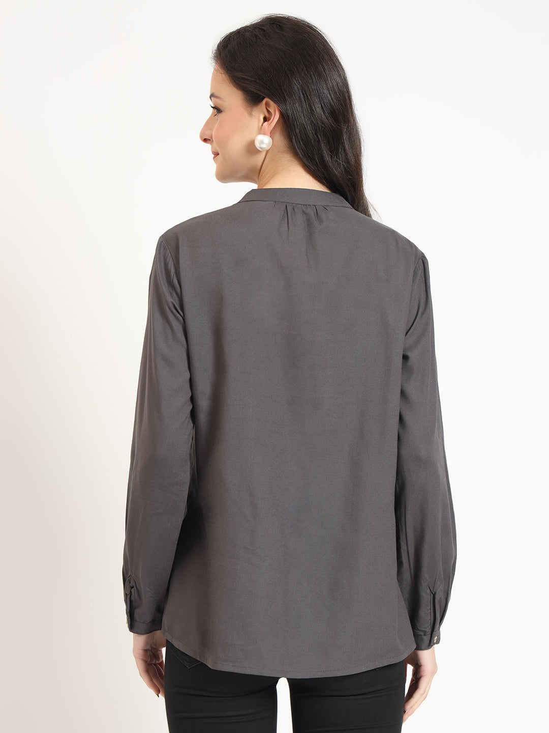 Noe Velarro Grey Solid Print Rayon Fabric Straight Top