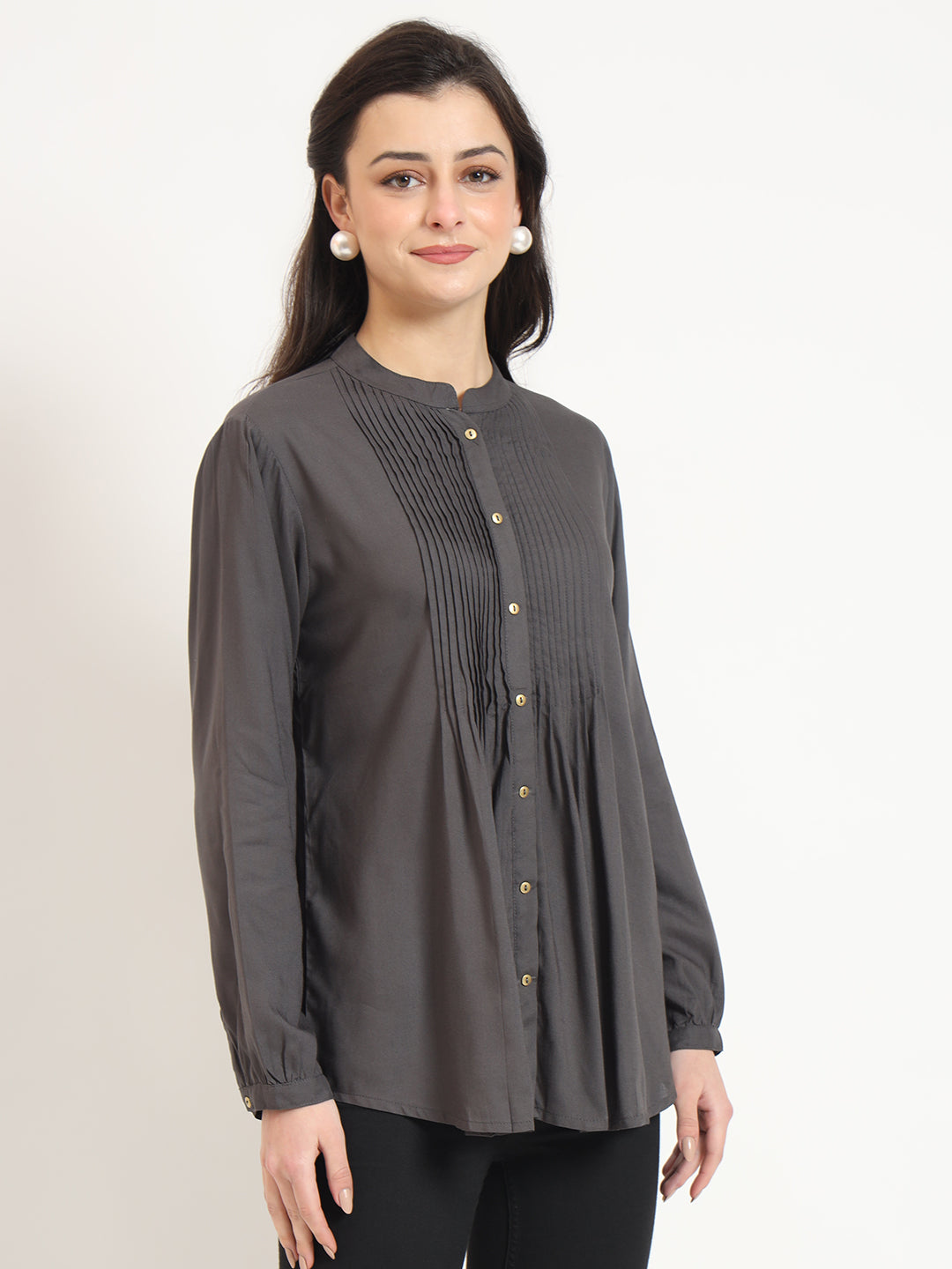 Noe Velarro Grey Solid Print Rayon Fabric Straight Top