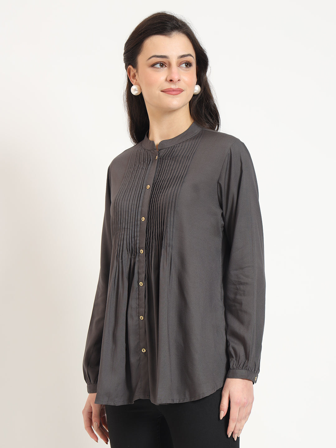 Noe Velarro Grey Solid Print Rayon Fabric Straight Top