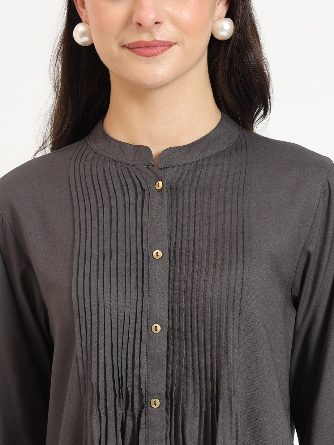 Noe Velarro Grey Solid Print Rayon Fabric Straight Top