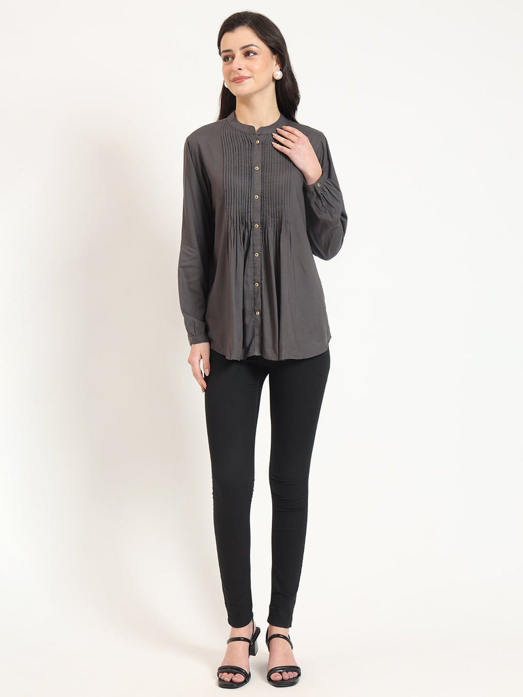 Noe Velarro Grey Solid Print Rayon Fabric Straight Top