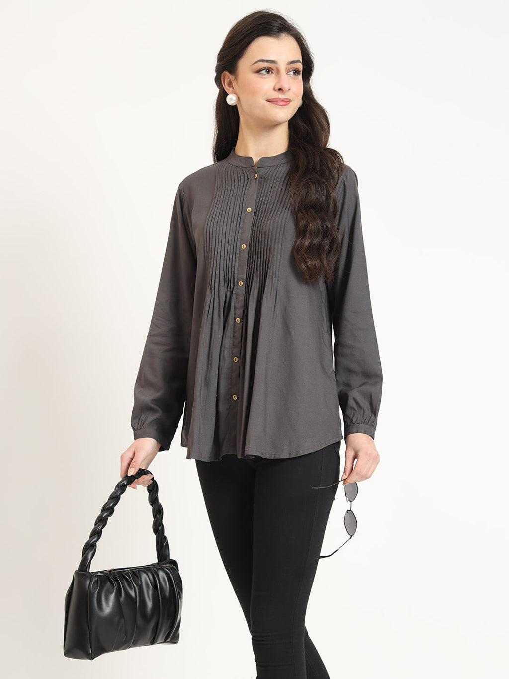 Noe Velarro Grey Solid Print Rayon Fabric Straight Top