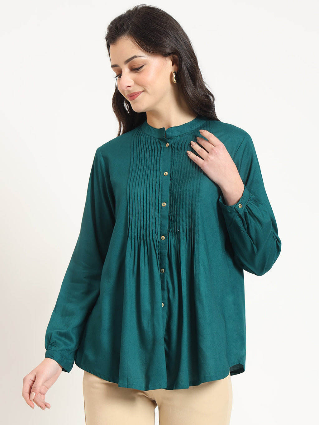 Noe Velarro Turquoise Solid Print Rayon Fabric Straight Top